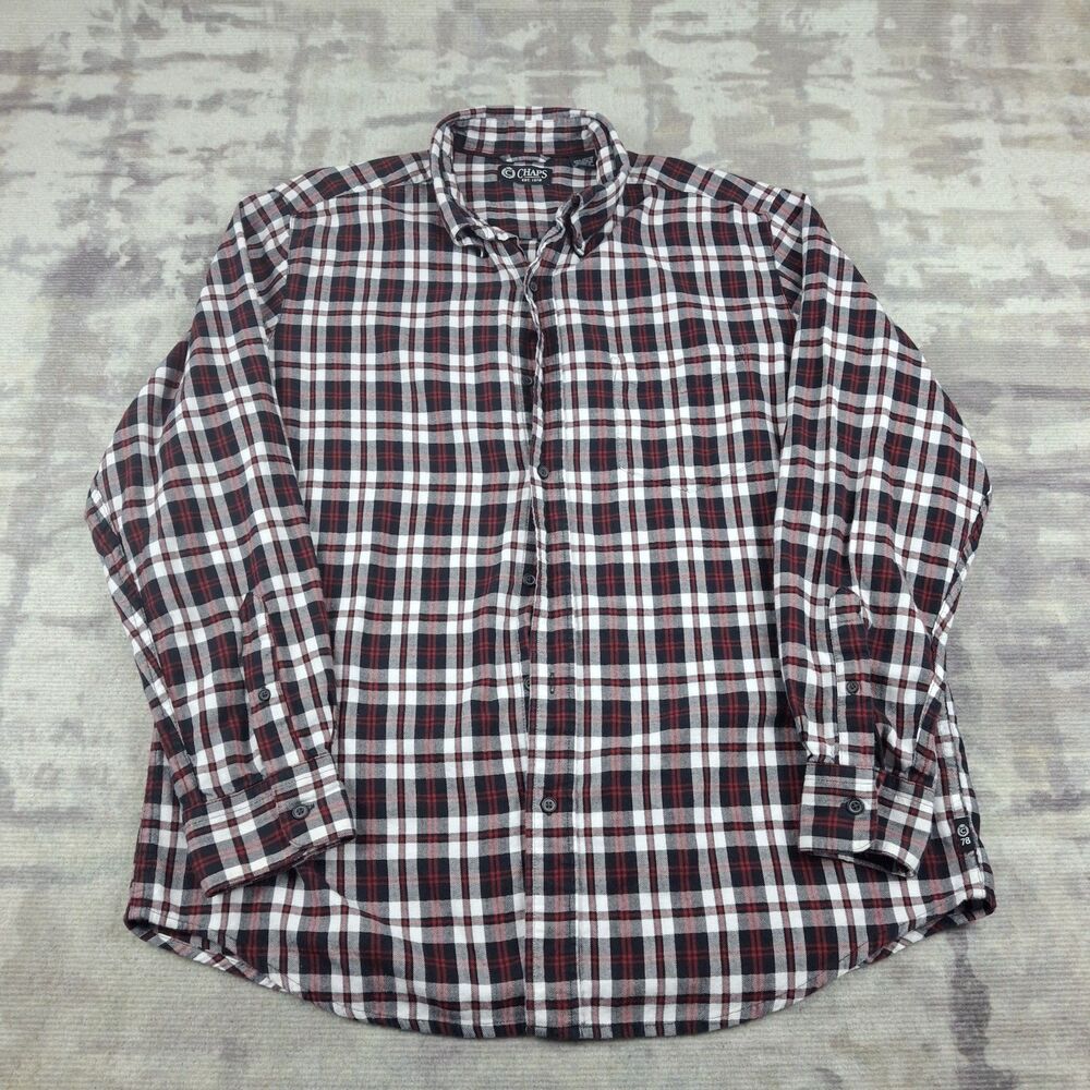 Chaps Shirt Mens Large L Plaid Flannel Button Down 100% Cotton Red Black White